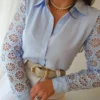 French Women Blouses Autumn Temperament Daily Floral Hollow Out Long Sleeved Collar Small Hole Eyes Embroidered Casual Shirt Top