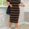 Women's mid length dress, a fashionable casual short sleeved round neck striped printed dress for spring and summer 2025