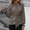 Women's Shirt 2024 Fashion New Long Sleeved Printed Shirt Temperament Commuting Casual Retro Leopard Print Lace Up Shirt
