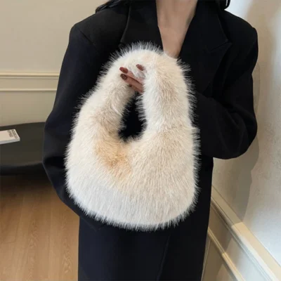 Luxury Soft Plush Half Moon Bag Fluffy Party Clutch Bag Lady Handbags Female Winter Purse Faux Fur Casual Tote Bag