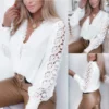 Sexy V Neck Long Sleeve Lace Crochet Floral Print Slim Loose Blouse Shirts Summer Women Lace Patchwork Blouse Tops
