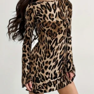 Fashionable Autumn Dress Round Neck Long Sleeved Backless Lace Up Long Sleeved Printed Dress Elegant Dress for Women
