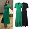YuooMuoo Brand Fashion Vintage Turn-down Collar Knit Maxi Dress Elegant Single-breasted A-line Long Shirt Dress Lady Vestidos